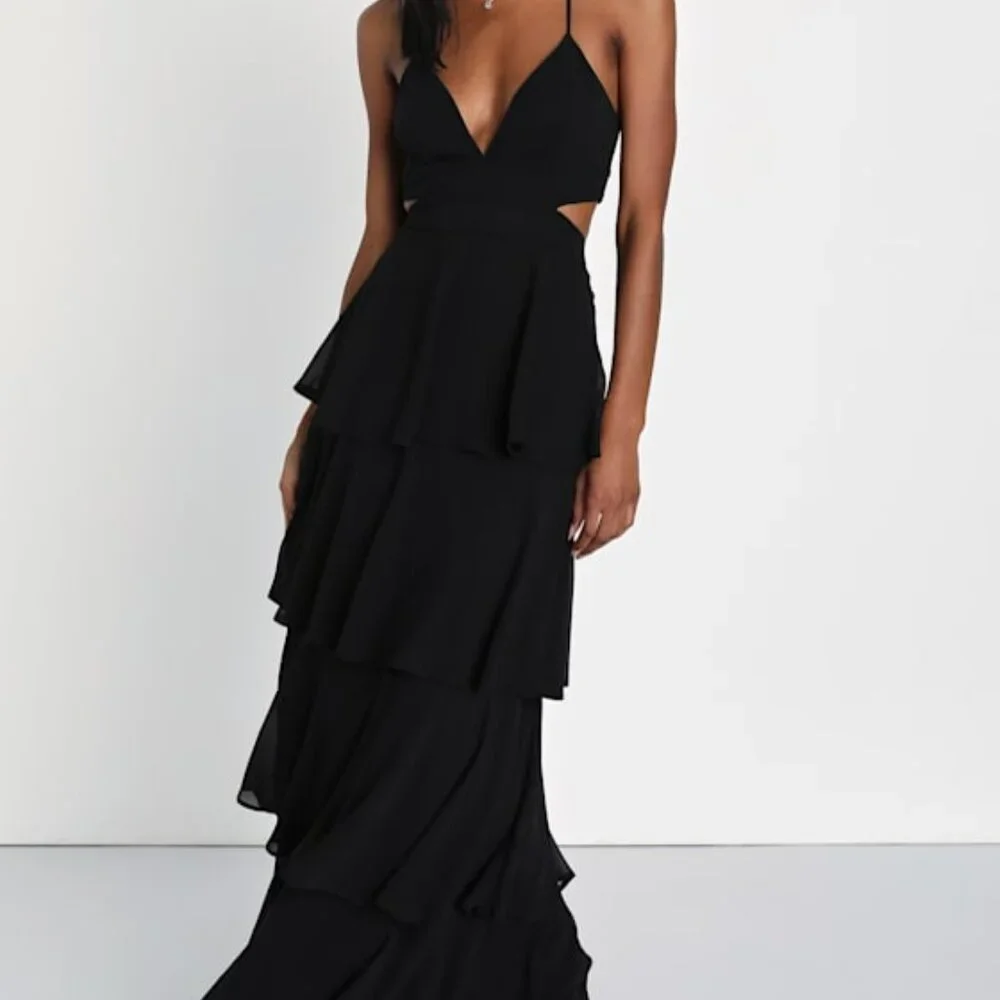 Lulus Tier And Now Black Tie-back Tiered Maxi Dress - Size M - Picture 1 of 3